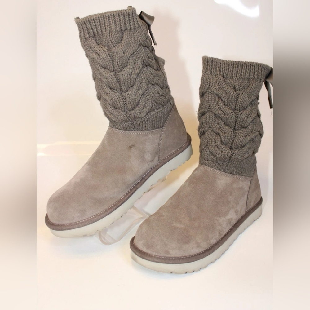 UGG Kiandra Willow Ribbon Bow Gray Knit Sweater Fabric Suede Shearling Boots 10 - Picture 3 of 16